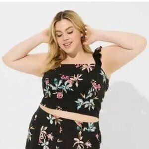 Torrid Black and Pink Sleeveless Challis Smocked Ruffle Trim Crop Top, Size 2X